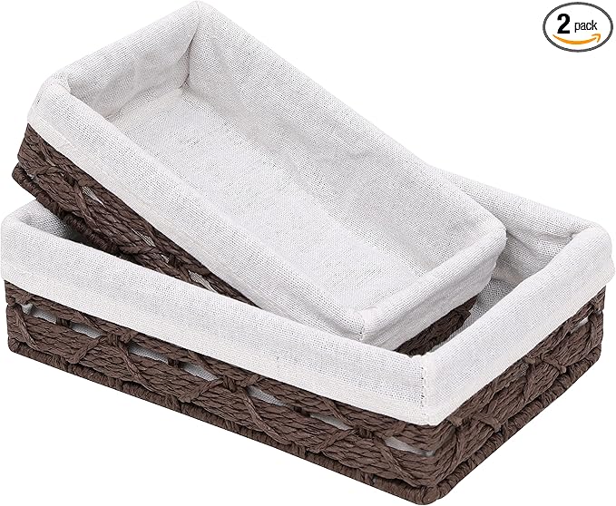 Small Storage Basket With Liner,Wicker Decorative Basket for coffee table,RectangleTray,Bathroom Countertop Organizer，rectangle Kitchen Drawer Organizer Storage Set of 2 Brown