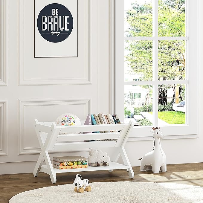UTEX Kids Bookshelf with Caddy, Toddler Bookshelf, Book Storage Organizer, Small Book Shelf for Kids Rooms, Nursery, Playroom, White