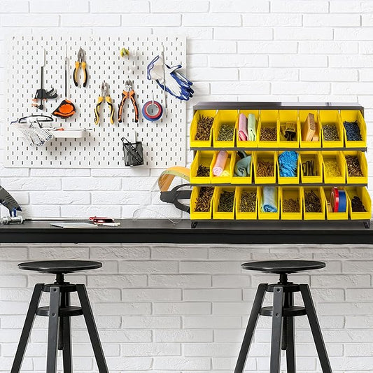 Small Parts Organizer with 24 Plastic Storage Bins - Powder-Coated Steel Rack with Removable Drawers for Garage Organization by Stalwart (Yellow)