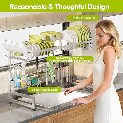 2 Tier Extra Large Stainless Steel Expandable Over The Sink Dish Drainer Drying Rack, Rust Proof Metal, Space Saving, Modern Silver Big Capacity Extendable Plate Strainers Above Kitchen Counter