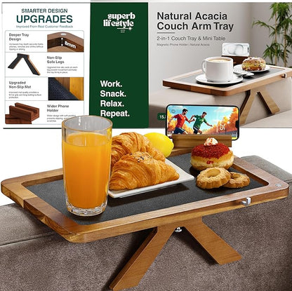 Acacia Couch Arm Tray Table – Fits Most of The Sofa Arms, 3 in 1 Adjustable Couch Arm Table with 360° Rotating Phone Holder, Wire Holder & Non-Slip Mat – Perfect Sofa Tray for Snacks & Coffee
