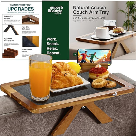 Acacia Couch Arm Tray Table – Fits Most of The Sofa Arms, 3 in 1 Adjustable Couch Arm Table with 360° Rotating Phone Holder, Wire Holder & Non-Slip Mat – Perfect Sofa Tray for Snacks & Coffee