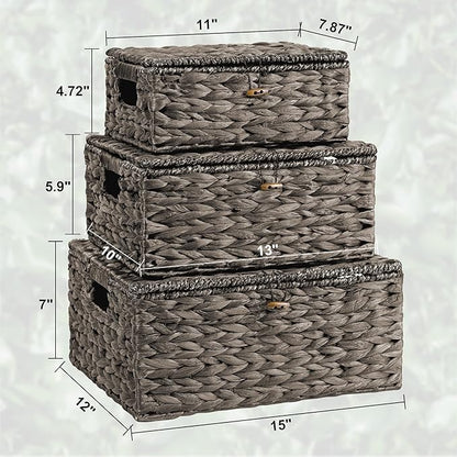 Wicker Storage Baskets with Lids and Handles, Hand Woven Rattan Storage Bins Box, Set 3 Black Water Hyacinth Decorative Large Small Basket Container for Shelves, Bathroom Organizing