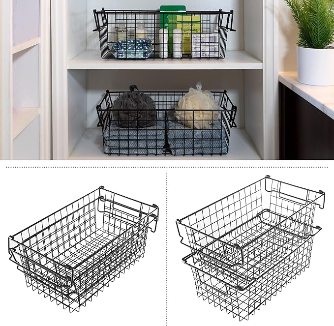 Set of 2 Storage Bins for Kitchen and Bathroom Organizer - Basket Set for Toy, Kitchen, Closet, and Bathroom Storage - Medium Shelf Organizers with Handles by Home-Complete (Black)