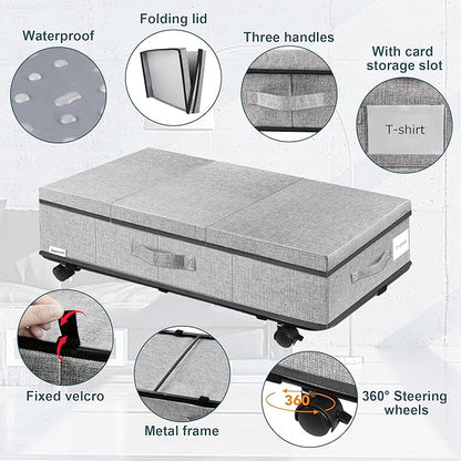 Supowin Under Bed Storage with Wheels, Rolling Underbed Storage Containers with Lids, Under Bed Shoe Storage Bins Organizer with Reinforced Metal Bottom Support and Three Handles