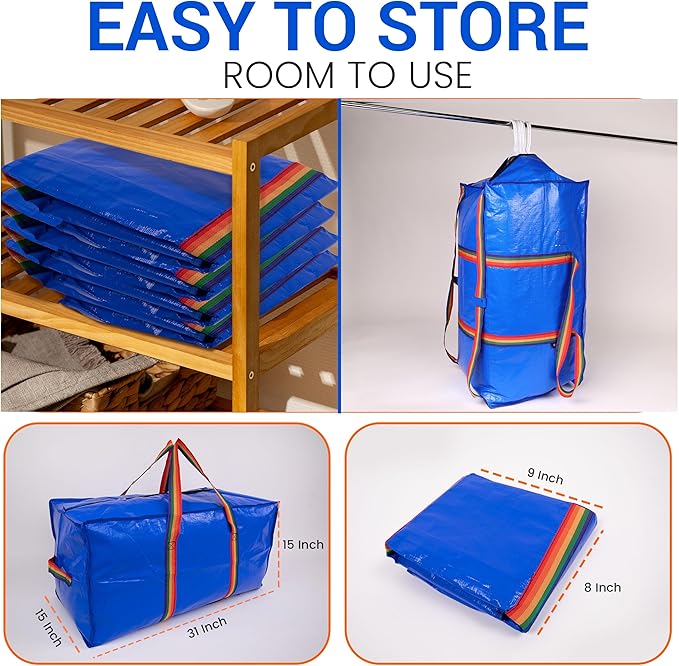 XL Moving Bags - 4 Pack Blue Storage Tote, Heavy-Duty Zipper, Colorful Carrying Handles,Versatile for Dorm, Packing, Storing, Organizing, Clothes, Blankets, Toys. Moving Boxes for Space Saving.