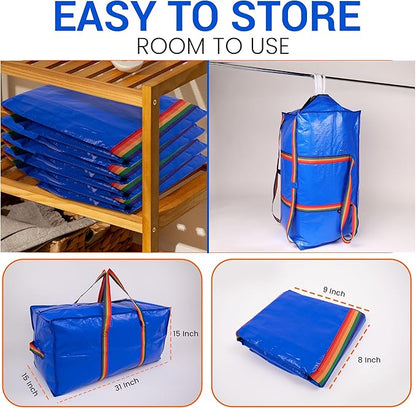 XL Moving Bags - 4 Pack Blue Storage Tote, Heavy-Duty Zipper, Colorful Carrying Handles,Versatile for Dorm, Packing, Storing, Organizing, Clothes, Blankets, Toys. Moving Boxes for Space Saving.