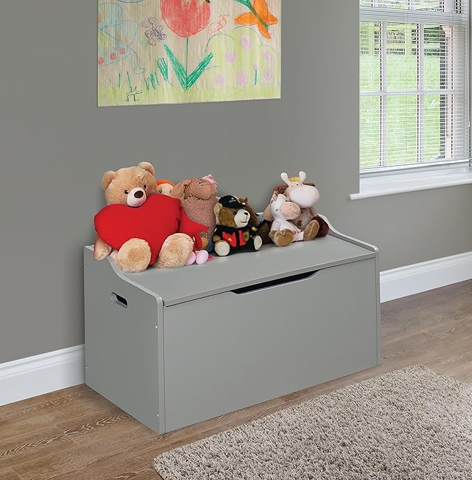 Badger Basket Bench-Top Wooden Toy Box in Gray – Safe Storage Chest with Dual Safety Hinges, Side Handles, and Front Slot