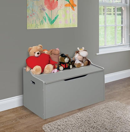 Badger Basket Bench-Top Wooden Toy Box in Gray – Safe Storage Chest with Dual Safety Hinges, Side Handles, and Front Slot
