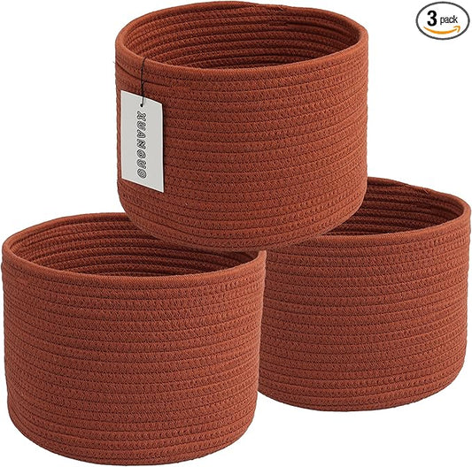 Woven Cotton Storage Baskets - 3-Pack Round Bins (10x10x7'') for Shelves, Closets & Bookcases | Durable Rope Organizers for Nursery, Baby, Toys, Easter & More (rustic)