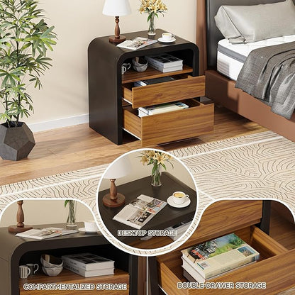 HOCAT 24" Black Modern Nightstand Set of 2, Bedside Table with Curved Anti-Collision Design, Large Night Stand with 2 Storage Drawers and Open Wood Shelf for Bedroom, Farmhouse Side Table, End Table