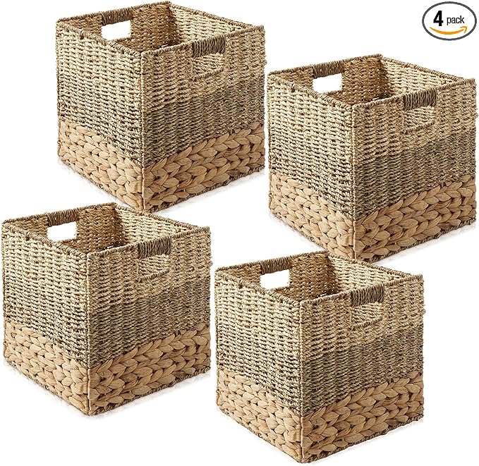 Casafield 10.5" x 10.5" Mixed Weave Storage Baskets, Natural - Set of 4 Woven Hyacinth Seagrass Wicker Storage Cube Bins for Bathroom, Bedroom, Laundry, Pantry, Shelves