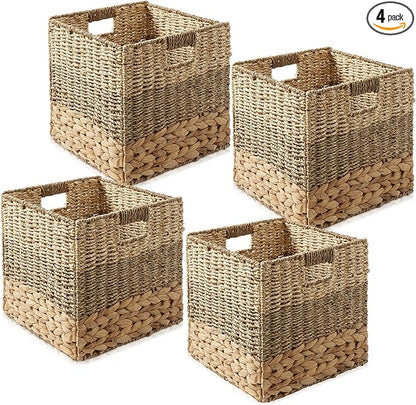 Casafield 10.5" x 10.5" Mixed Weave Storage Baskets, Natural - Set of 4 Woven Hyacinth Seagrass Wicker Storage Cube Bins for Bathroom, Bedroom, Laundry, Pantry, Shelves
