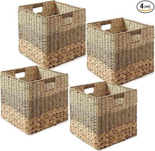 Casafield 10.5" x 10.5" Mixed Weave Storage Baskets, Natural - Set of 4 Woven Hyacinth Seagrass Wicker Storage Cube Bins for Bathroom, Bedroom, Laundry, Pantry, Shelves