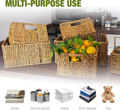 Wicker Basket Set – Stackable Storage Bins for Organizing Pantry & Kitchen – 1 Large Basket + 2 Small Baskets with Handle – Wicker Storage Baskets for Shelves & More