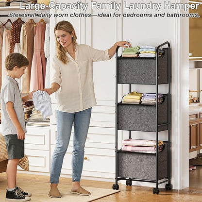 110L Vertical Rolling Laundry Basket Organizer with Wheel, 3-Tier Dirty Clothes Laundry Hamper, 3-Section Laundry Sorter Cart, Portable Laundry Baskets for Small Space, Dorm, Laundry, Closet, Bathroom