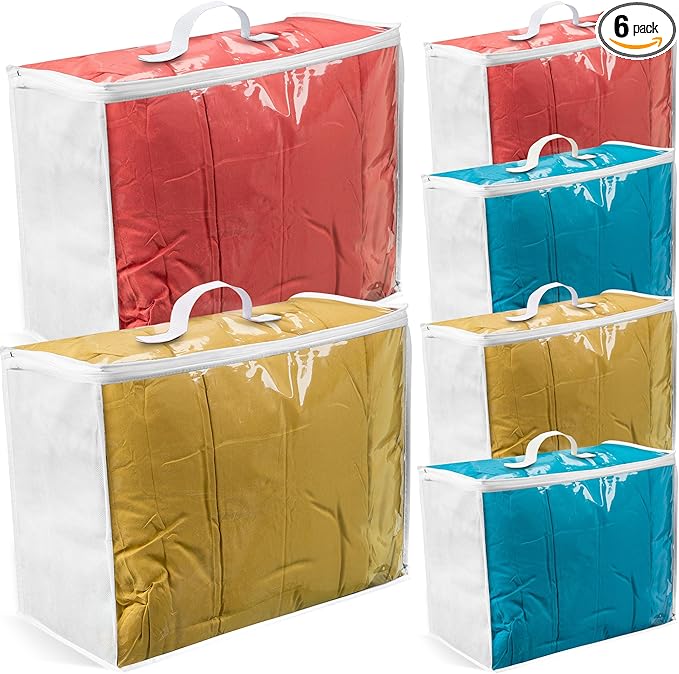 VitalUp 6 pack Clear Plastic Storage Bag with Zipper, Foldable Moving Bag for Comforters, Blankets, Bedding, Storage Containers, Breathable, Durable Clothes and Duvet Closet Organizers, 20x20x8
