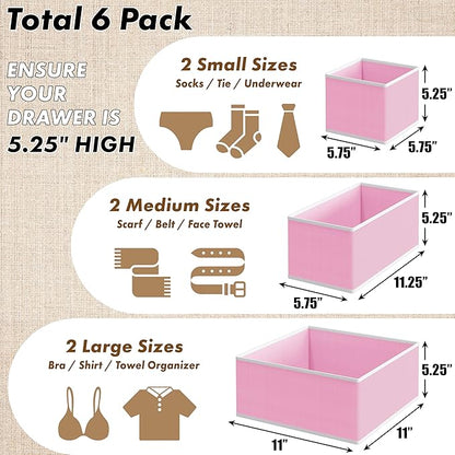 Simple Houseware Underwear Drawer Organizer for Lingerie/Undergarment/Bra/Panty/Sock/Onesie, Set of 6, Pink