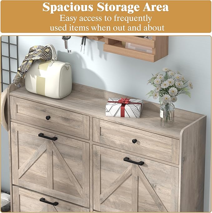 Shoe Cabinet with 4 Flip Drawers & 2 Storage Drawers, Rustic Farmhouse Narrow Shoe Organizer Cabinet, Slim Shoe Rack Cabinet, Shoe Storage Cabinet for Entryway, Hallway, Front Door
