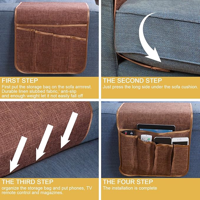 Sixyotie Sofa Armrest Organizer,Non-Slip Remote Control Holders for Recliner Couch,Chair Armchair Caddy with 5 Pockets for Table,Cell Phone,Ipad,Magazines,Books (13x35In, Coffee)