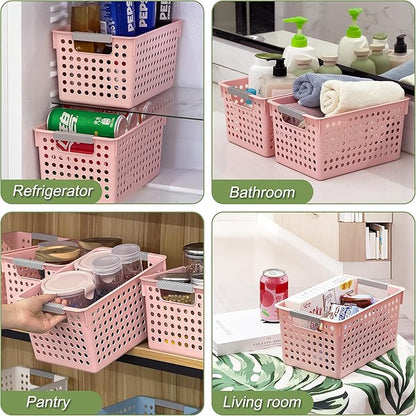Soddeph 4 Pack Plastic Storage Basket with Handles, Small Deep Organizer Bin with Hollow Design for Under Counter, Shelf, Closet, Kitchen or Bathroom (Pink, Small)
