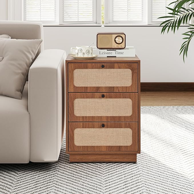 AVZEAR Mid Century Night Stand with 3 Drawers, Farmhouse End Table with Storage & Curved Linen Panel, Modern Nightstands Bedside Table Small Side Table for Small Space, Bedroom(Walnut)