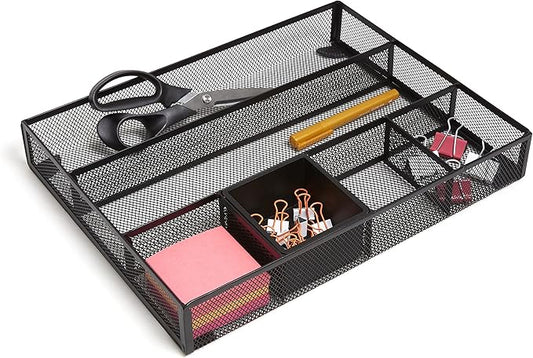 TRU RED Mesh Drawer Organizer, 6‑Compartment, Matte Black – Desk & Drawer Storage for Office Supplies