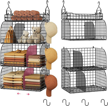 SWTYMIKI Hanging Closet Organizer Storage - 4 Tier Metal Stackable Hanging Closet Shelves with Dividers and S Hooks, Foldable Clothes Shelves for Clothes, Pants, Shoes, Coat, Hats Clutches Accessories