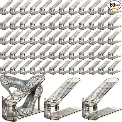 Clear Shoe Slots Organizer with Adjustable Height, Acrylic Closet Stacker Display, Storage Shoe Rack Organizer, Double Layer Holders for Shelf Wardrobe Space Saving (Gray,60 Pack)