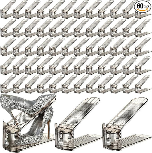 Clear Shoe Slots Organizer with Adjustable Height, Acrylic Closet Stacker Display, Storage Shoe Rack Organizer, Double Layer Holders for Shelf Wardrobe Space Saving (Gray,60 Pack)