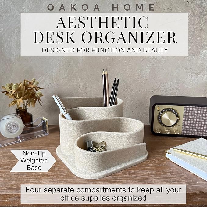 OAKOA Aesthetic Desk Organizer - Aesthetic Office Desk Accessories - Boho Pen Holder - Neutral Beige Desk Accessories - Home Office Essentials for Women - Cute Pencil Holder