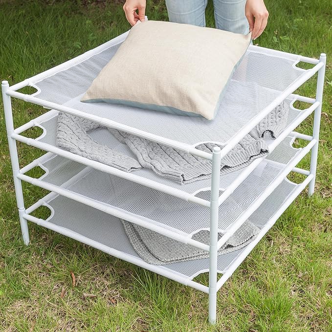 Sweater Drying Rack, 4-Layer Stackable Flat Clothes Drying Rack, Laundry Drying Rack, Mesh Air Dryer, Portable Dry Rack for Indoor & Outdoor