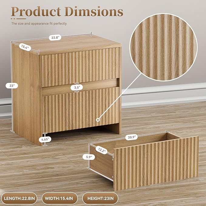 HOCAT Fluted Nightstand, 23" Wood Bedside Table with 2 Storage Drawers, Oak Modern Night Stand for Bedroom, Office, Oak