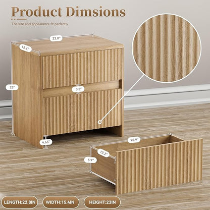 HOCAT Fluted Nightstand, 23" Wood Bedside Table with 2 Storage Drawers, Oak Modern Night Stand for Bedroom, Office, Oak