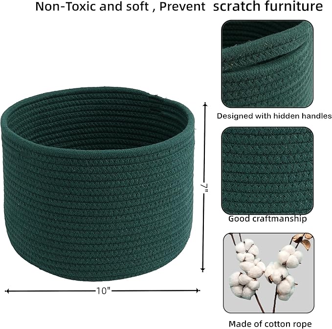 Woven Cotton Storage Baskets - 3-Pack Round Bins (10x10x7'') for Shelves, Closets & Bookcases | Durable Rope Organizers for Nursery, Baby, Toys, Easter & More (dark green)