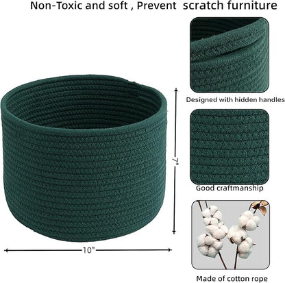 Woven Cotton Storage Baskets - 3-Pack Round Bins (10x10x7'') for Shelves, Closets & Bookcases | Durable Rope Organizers for Nursery, Baby, Toys, Easter & More (dark green)