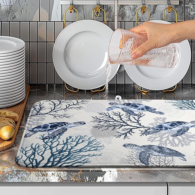 Summer Nautical Coastal Dish Drying Mat for Kitchen Counter Ocean Coral Sea Turtle Drying Rack Mats Beach Blue Dishes Drainer Mat Absorbent Microfiber Large Dish Draining Pad 18x24 Inch