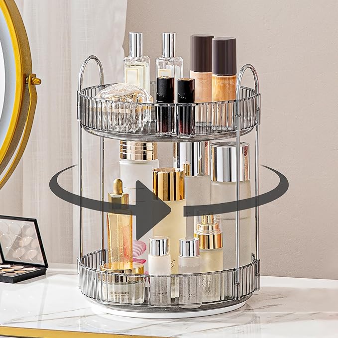 Weidace 360 Rotating Makeup Organizer for Vanity, Bathroom Countertop Spinning Perfume Organizer, High-Capacity Cosmetic and Skincare Dresser Make Up Holder Rack (2 Tiers, Grey)