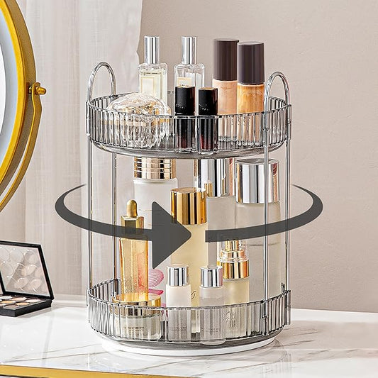 Weidace 360 Rotating Makeup Organizer for Vanity, Bathroom Countertop Spinning Perfume Organizer, High-Capacity Cosmetic and Skincare Dresser Make Up Holder Rack (2 Tiers, Grey)