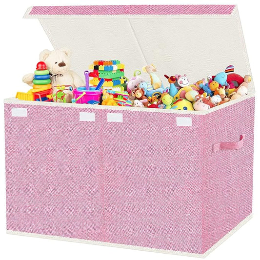 VERONLY Large Collapsible Toy Storage Box with Lid & Handles - Kids Organizer Chest for Toys, Clothes, Blankets (Pink, Nursery, Playroom, Bedroom)-24.5''×13''×16''