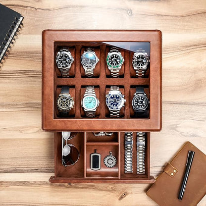Awesometik Leather Watch Box Organizer. Real Glass Top. Luxury Watch Display & Watch Holder for Men. Watch Collection, Protection. For Men Ready to Gift (Brown/Brown, 8 Slot Watch Box with Drawer)