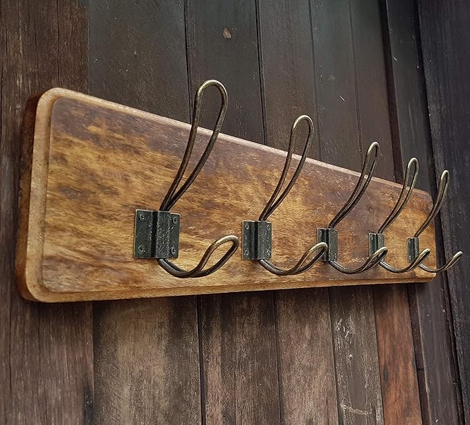 Rustic Farmhouse Wall Mounted Coat Rack – 24” Reclaimed Wood Board with 5 Heavy Duty Hooks, Natural Finish, Handcrafted Storage for Entryway, Hallway, or Bedroom