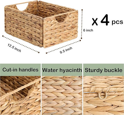 Water Hyacinth Pantry Baskets Set of 4, 12.5 x 9.5 x 6in Wicker Storage Baskets for Shelves, Pantry Baskets Organization, Bathroom Shelves Storage Basket