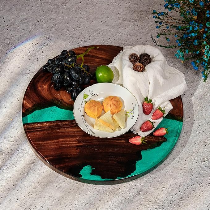 Handmade Reversible 16" Wood and Epoxy Resin Lazy Susan, Turntable for Kitchen Countertop, Rotating Display Stand, Organizer and Storage for Dining Table, Cup Board, Home Decor (Clear Green)