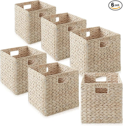 Casafield 10.5" x 10.5" Hyacinth Storage Baskets, Whitewash - Set of 6 Storage Organizers, Woven Wicker Cubes