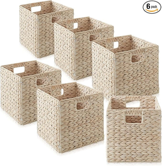 Casafield 10.5" x 10.5" Hyacinth Storage Baskets, Whitewash - Set of 6 Storage Organizers, Woven Wicker Cubes