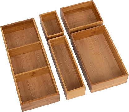 Seville Classics Bamboo Premium Organizer Storage Bins for Kitchen Silverware, Pantry, Closet, Office Desk, Pens, Utensils, Makeup, K Cup, Bamboo, Bin Set w/Dividers (5 Piece)