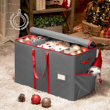 ZOBER Large Christmas Ornament Storage Box - Stores 80 3" Ornaments, With Dividers - With Large Compartment for Figurines, and Accessories, Durable Christmas Containers Holder, 4 Extra Pockets - Gray