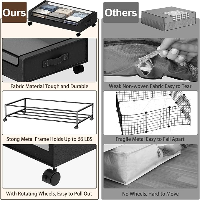 VXEAPADE Under Bed Storage with Wheels - 2Pack Underbed Storage Containers with Clear Lid & Label, Under The Bed Rolling Storage Bins for Shoes, Clothes, Blankets, Books (Black, Large)