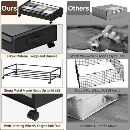 VXEAPADE Under Bed Storage with Wheels - 2Pack Underbed Storage Containers with Clear Lid & Label, Under The Bed Rolling Storage Bins for Shoes, Clothes, Blankets, Books (Black, Large)
